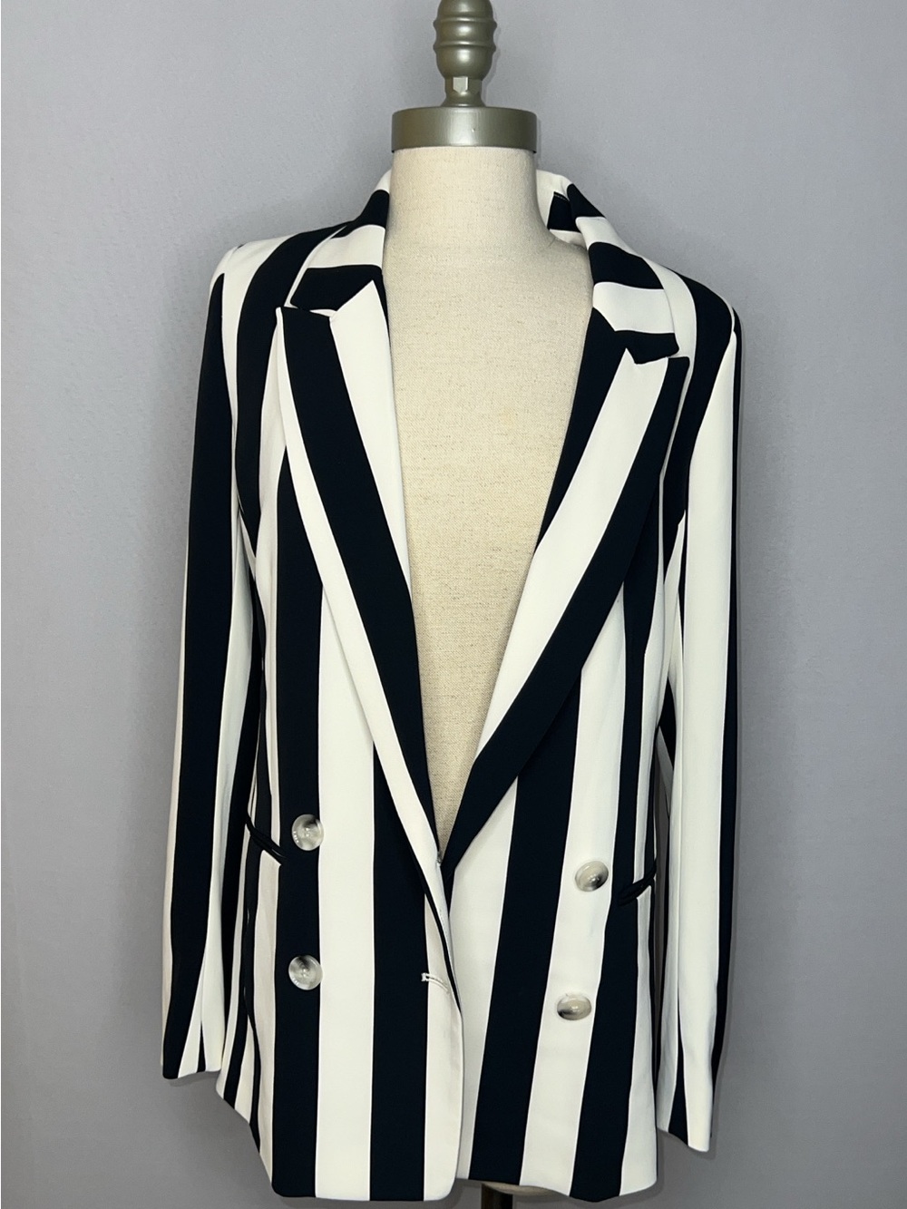Navy & White Striped Double-Breasted Blazer
